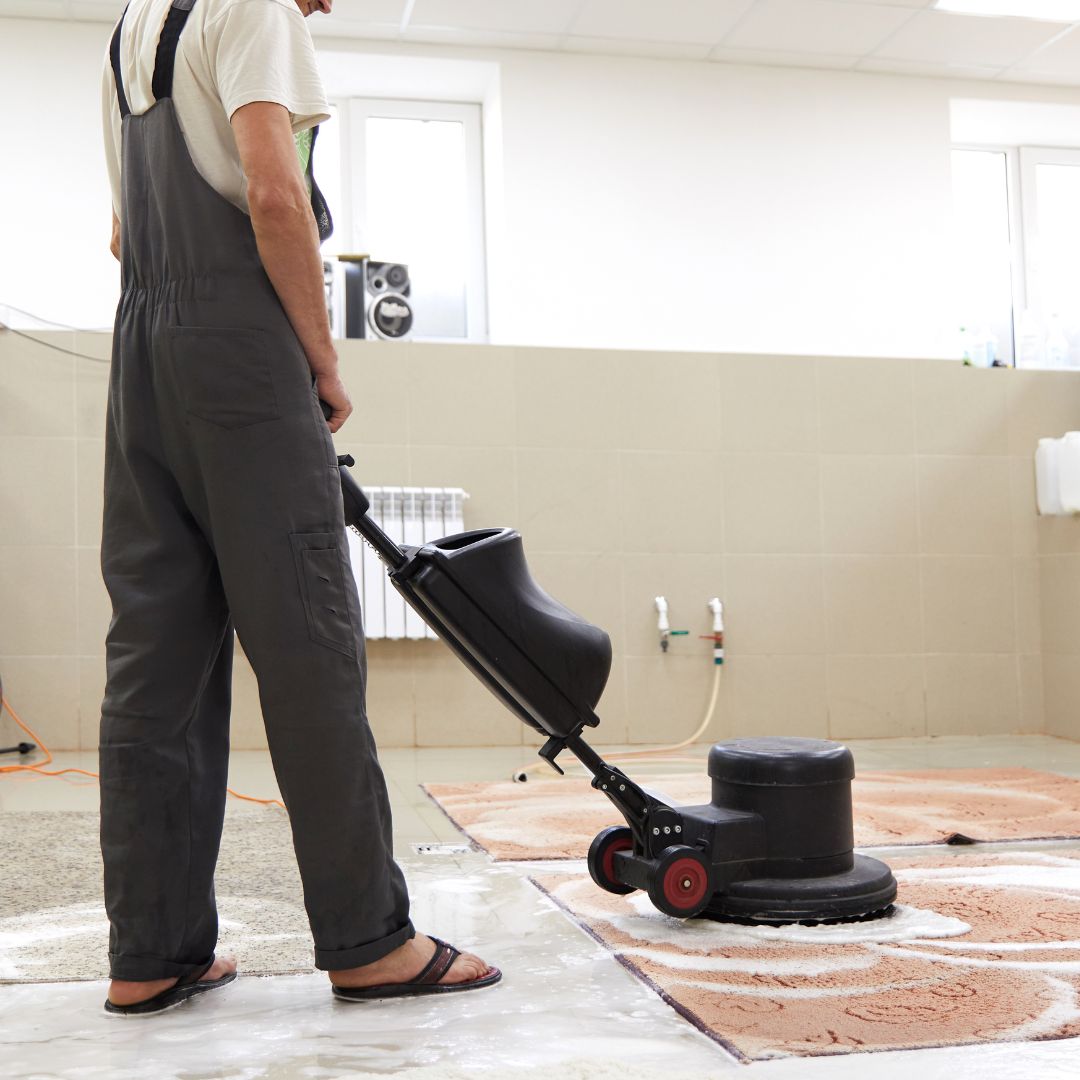 Professional cleaning a rug with cleaning equipment. 