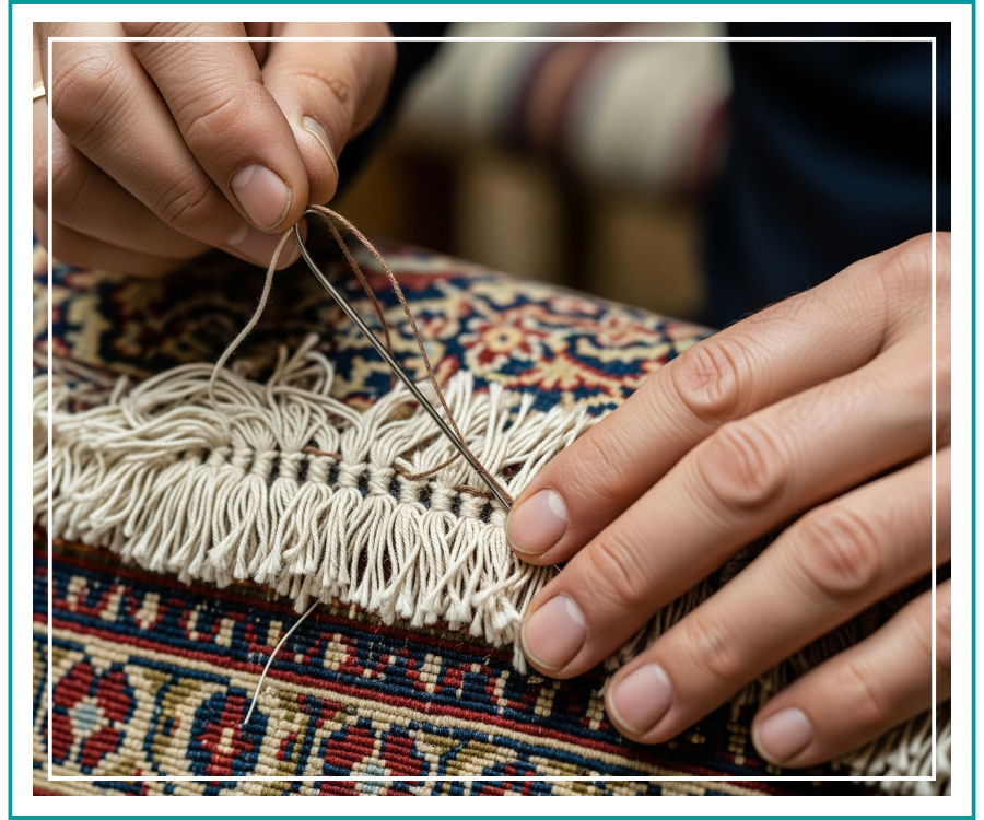 Hand Rug Repair Mercer Island Image 1 A close-up view of a skilled technician's hands carefully repairing the fringe on an oriental rug.