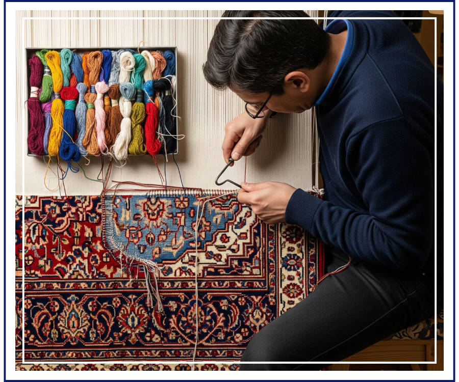 Hand Rug Repair Mercer Island Image 2 A master weaver carefully reweaving a hole in a colorful Persian rug, with tools and matching yarns visible.