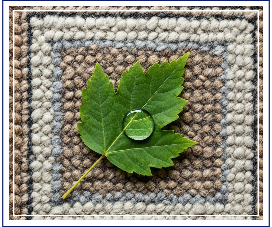 Hand Rug Repair Mercer Island Image 4 A green leaf with a single water droplet resting on a hand-knotted rug, representing D.A. Burns' eco-friendly cleaning and repair methods.