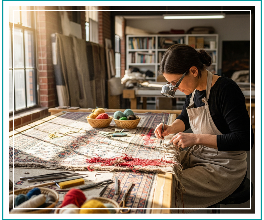 A close-up, stock photography style image showing the masterful restoration of a damaged area in a hand-woven rug.