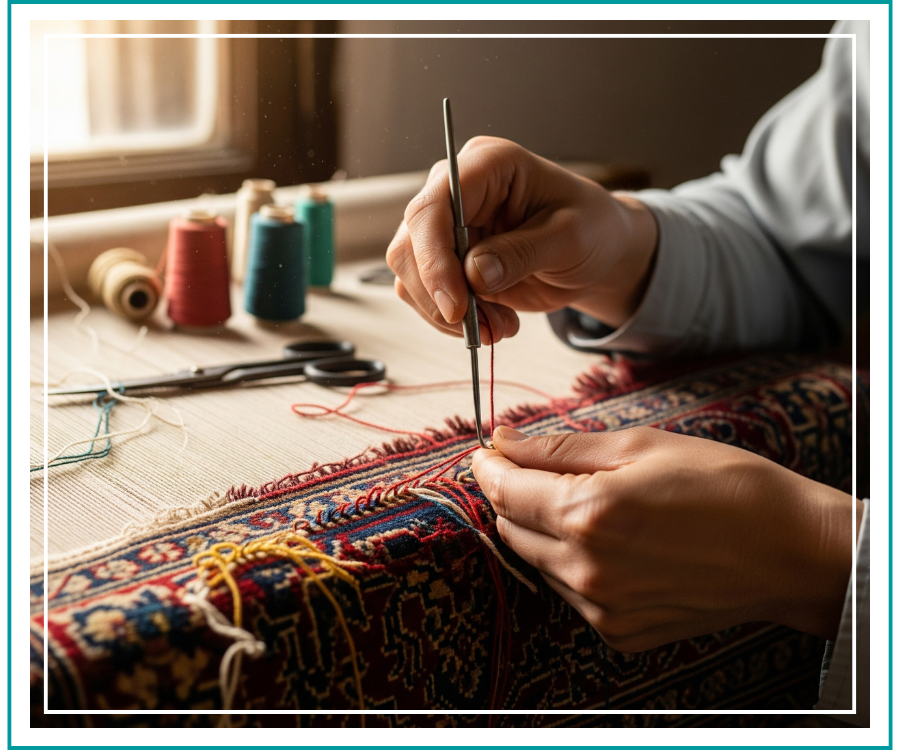 close up of a person working on a rug