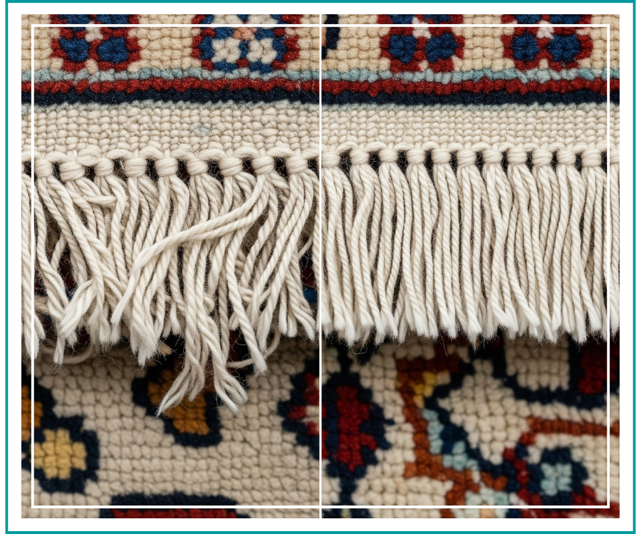 A close-up, split-view image contrasting a tangled and damaged rug fringe on the left with a perfectly repaired and aligned fringe on the right, highlighting the value of professional restoration.